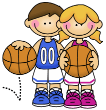 Cartoon boy and girl playing basketball