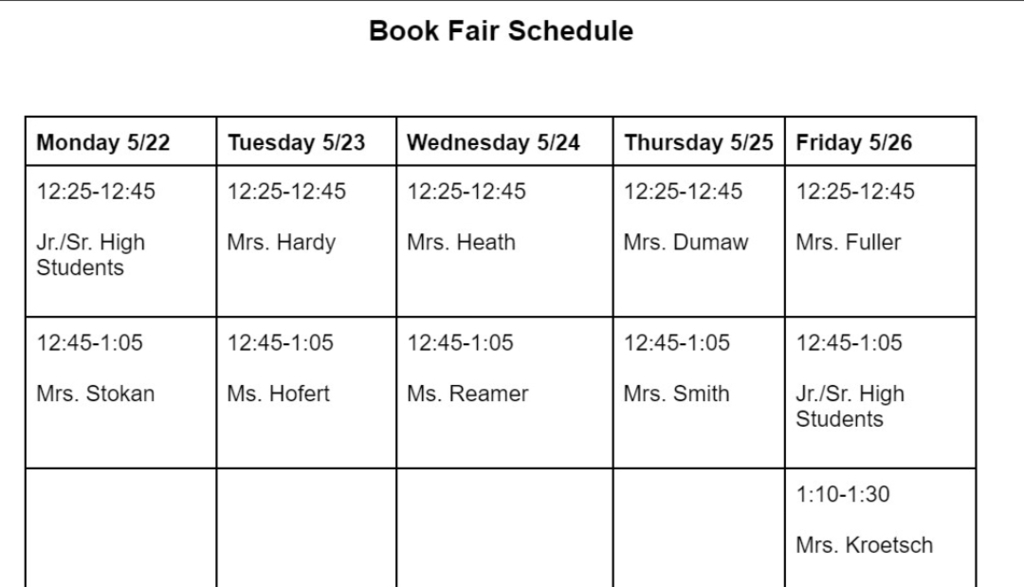 Book Fair Schedule 